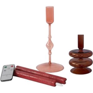 WinQ! – Vrolijke ronde Glazen Kaarsenhouders - inclusief led kaarsen - in de kleur Pink en roze - Kaarsenstandaard glas 9,5x15cm en 10x22cm - Decoratie woonkamer