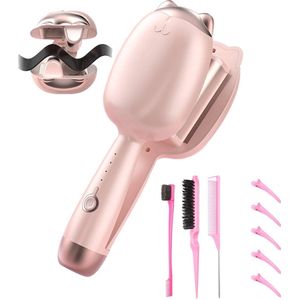 Krultang, beach wave curl bar, ion curler 1.26 inch dubbele vat vrouw, gemakkelijk te gebruiken, vier-snelheid instelling en automatische sluiting, roze