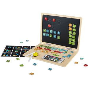 Playtive Houten Laptop - Oefen Spelenderwijs (klok)lezen en rekenen - vanaf 3 jaar - 78 magnetische letters, cijfers en rekenkundige tekens - Met mobiele telefoon en beschrijfbaar bord - Incl. spons en 2 stuks krijt - 84-delig