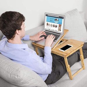 Verstelbare Bamboe Laptoptafel - In Hoogte Aanpasbaar Met 5 Hellingshoeken - Inklapbaar Design Met Lade - Perfect Voor Bed & Sofa - Natuurlijk Beige