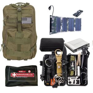 Survalval kit in militaire rugzak XL groen met EHBO-set en draagbaar zonnepaneel