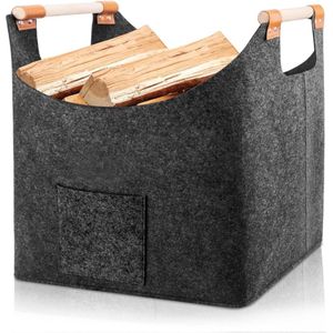 Haardhout opslag - Vilten mand opvouwbaar - Brandhout opbergmand - Houten handgreep - Donkergrijs - 45 x 32 x 40 cm