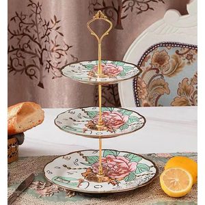 3 Tier Ceramic Cake Stand - Vintage Rose Pattern Food Display Rack (vintage red rose)