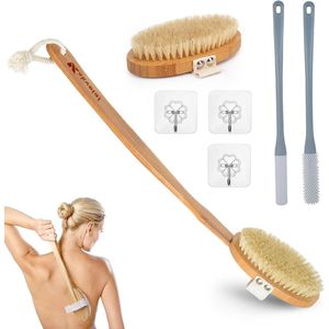 Lange handgreep bad-doucheborstel voor het reinigen van teenspleten, rug en lichaam met 2 borstelkoppen - grijs.