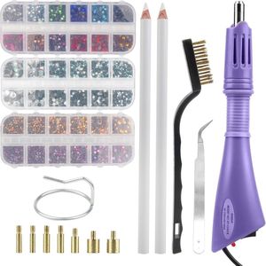 Strassteentjes applicator set - 3 dozen mix kleur platte glitterstenen - hotfix strass-steentjes - textiel - 7 applicatorpunten - paars
