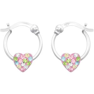 Joy|S - Zilveren hartje oorbellen - oorringen met Franse sluiting - roze hart met multicolor kristal