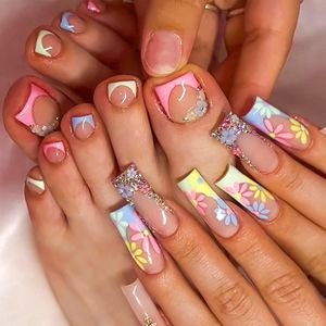 Lange Vierkante Druk Op Nagels En Teennagels Set - Lijm Op Nagels Met Bloempatroon - Valse Nagels En Kunstmatige Teennagels Zelfklevend - Kunstnagels Voor Thuisgebruik