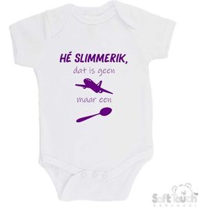 100% katoenen Romper ""He slimmerik, dat is geen vliegtuig maar een lepel"" Meisjes Katoen Wit/paars Maat 68/74