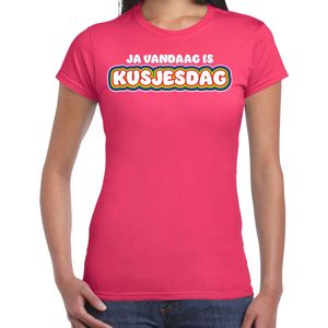 Bellatio Decorations Gay Pride T-shirt voor dames - fuchsia roze - kusjesdag - regenboog - LHBTI XS