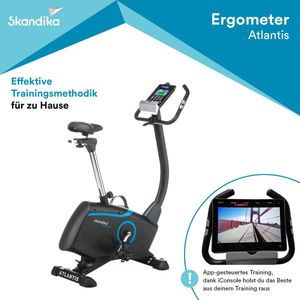 Skandika Atlantis Hometrainer Fiets – Hometrainers - Hometrainer Ergometer met app-bediening (Kinomap, iConsole), Bluetooth, 10kg vliegwielmassa, hartslag- en lichaamsvetmeting, 32 niveaus, geluidsarm, transportwielen, tot 150 kg – zwart