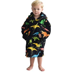 Dino fleece hoodie deken met mouwen - fleece poncho voor kinderen – Draagbare deken - fleece plaid met mouwen - maat 98/128 – lengte 60 cm – warm & zacht – relax outfit kids - zwart - Badrock