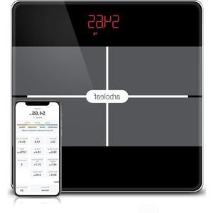 Lichaamsanalyse weegschaal met app en 13 lichaamsmassa - Bluetooth personenweegschaal voor BMI, lichaamsvet en spieren - 180 kg (Zwart)