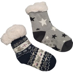 Unisex - Huissokken - Antislip - Gevoerd - Set van 2 paar - Huissokken - Warme wintersokken - Kleur Blauw/Grijs - Maat 28 t/m 31 - Kerst - Cadeau