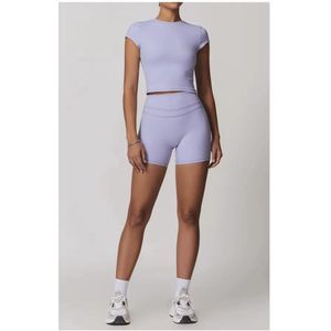 Eclipse Short Gym Set - Maat XL - Lila - 2-delig: Short Sleeve Top & High Waisted Short - Paars - Seamless Sportwear Dames