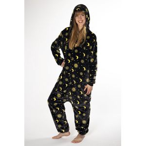 KIMU Onesie Maan Zon Sterren Pak - Maat 152-158 - Sterrenpak Kostuum Zwart - Huispak Fleece Maantjes Pyjama Zonnetjes Sterretjes Kinderen Festival