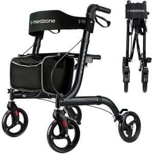 Medzone Rollator Lichtgewicht en Opvouwbaar - Binnen en Buiten - Zitfunctie - Rugleuning en Wandelstok Houder - Zwart