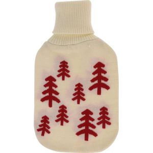 Zachte gebreide warmwaterkruik met wintermotief 33 cm 1 liter - dennenwoud ecru rood