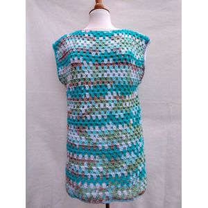 Handgemaakte trui korte mouw / spencer gehaakt in aquablauw, mintgroen, beige, wit gemeleerd Maat M