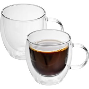 Intirilife 2x dubbelwandig thermo glas set in 100 - 200ml - koffiemok thermo glazen mondgeblazen geïsoleerd latte macchiato espresso glas thee glas koffie glas met handvat