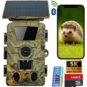 Wildcamera met Zonnepaneel - 5200 mAh batterij - met nachtzicht - WiFi APP - Voor Buiten - Incl.128GB SD - 5K & 60MP - Oplaadbaar - 8 Batterijen