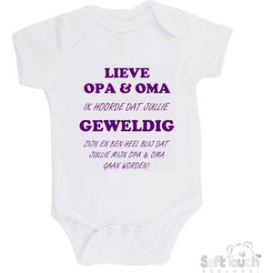 100% katoenen Romper ""Lieve opa & oma ik hoorde dat jullie geweldig zijn en ben heel blij dat jullie mijn opa & oma gaan worden!"" Meisjes Katoen Wit/paars Maat 62/68