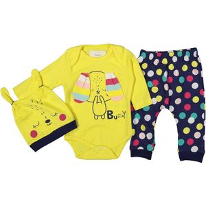 Baby 3 delige set -maat 62/68 -geel - rompertje - broekje muts - kleuren varianten geel - roze maat 62 68 74