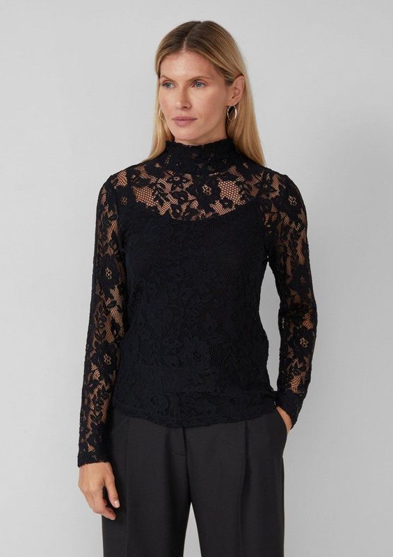 T-shirt - Slim Fit - Lange Mouwen - Opstaande Kraag - Kant