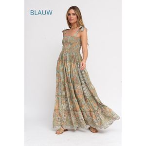 Boho zijde maxi jurk met spaghetti bandjes - elastische buste - broderie en volants - kleur BLAUW- maat 38