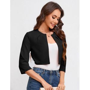Dames Bolero Kort Elegant Cardigan 3/4 Mouw Schouder Jas Feestelijke Blazer Zwart S