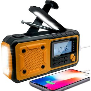 Draagbare digitale FM AM WB radio met zonne-energie en handkurk, inclusief powerbankfunctie, ideaal voor outdoor activiteiten in zwart en oranje