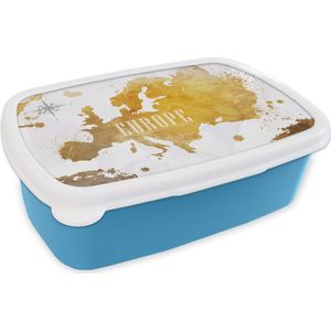 Broodtrommel Blauw - Lunchbox - Brooddoos - Wereldkaarten - Europa - Goud - 18x12x6 cm - Kinderen - Jongen