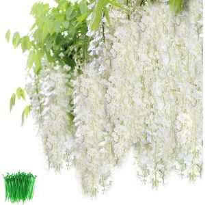 Kunstbloemen Wisteria Vine (24 stuks 110cm elk 100 draadbinders) Bloemenplanten hangend voor bruiloftsfeest Tuindecoratie (wit)