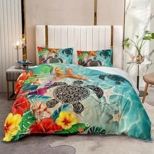 Turtle Bedding Set 3D-print beddengoedset met zeedieren, blauw, prachtig bloemmotief, dekbedovertrek, beddengoed 135 x 200 cm, 80 x 80 cm x 1