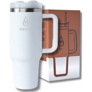 Tumbler Motivai® - Wit - 40oz - Travel Cup - RVS Thermosbeker met Handvat en Rietje - Drinkbeker To Go - 1.2 Liter - Koffiebeker - Travel Mug - Thermosbeker - Thermosfles - Thermoskan