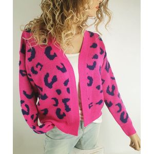 Trendy oversized cardigan kort vest cropped damesvest pink met blauw dierprint maat S/M 36 38 40