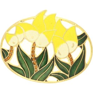 Behave®  Broche ovaal bloemen geel - emaille sierspeld -  sjaalspeld
