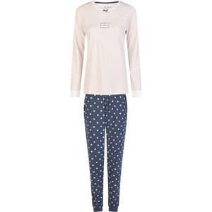 By Louise Dames Winter Pyjama Set Lang Interlock Wit/Blauw Gestreept/Gestipt - Maat S