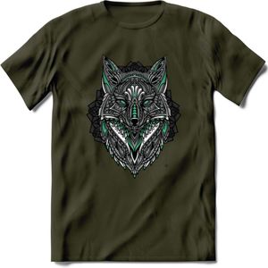 Vos - Dieren Mandala T-Shirt | Aqua | Grappig Verjaardag Zentangle Dierenkop Cadeau Shirt | Dames - Heren - Unisex | Wildlife Tshirt Kleding Kado | - Leger Groen - XXL