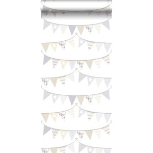 ESTAhome behangpapier vlaggetjes lichtgrijs, beige en glanzend wit