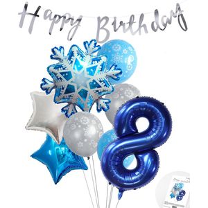 Cijferballon 8 Blauw - Frozen - Ijssterren - Ballonnen Pluspakket - Slinger Feestvieren - Verjaardag Snoes