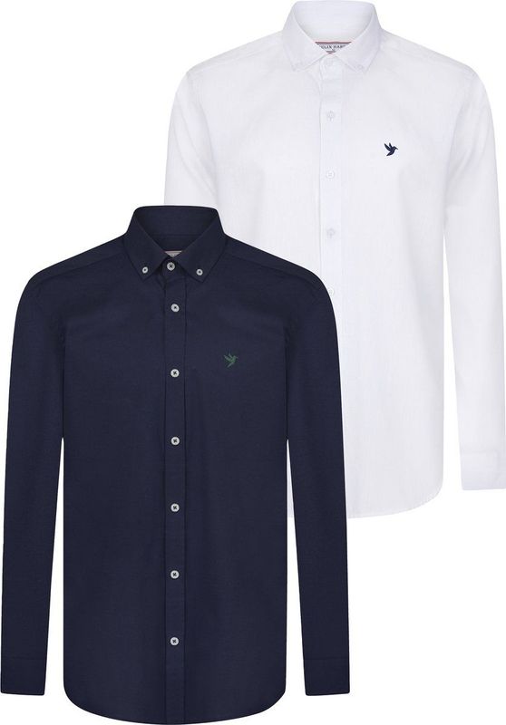 Felix Hardy - Multipack Overhemd - Wit - Donkerblauw - 97% Katoen - Heren