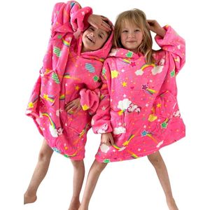 Unicorn fleece hoodie deken met mouwen kind – Draagbare deken - fleece poncho kind – Neon roze poncho met eenhoorns - plaid met mouwen - kids 8/12 jaar – maat 134/158 – lengte 75 cm - chillen – Warm & zacht – relax outfit kids – neon roze - Badrock
