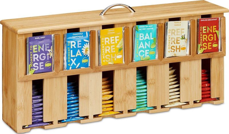 Relaxdays thee organizer - bamboe - theedoos 6 vaks - theezakjes organizer - groot