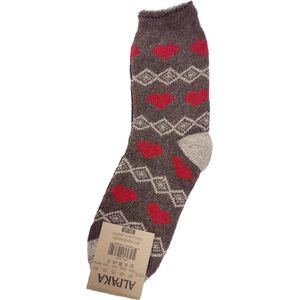 Alpaka winter damessokken - rode hartjes bruin - maat 39-42