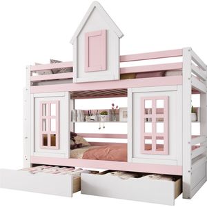 Merax Prinsessen Stapelbed 90x200 cm - Kinderbed met Raam en Uitvalbescherming - Bed met 2 Schuiflades - Wit met Roze Accenten