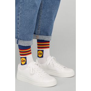 Lidl Sokken Heren 43-46 – sneaker Sportsokken Wit geel rood Blauw gestreept – Uniseks – Logo | Lidl fan | merchandise | supermarkt fan| limited |