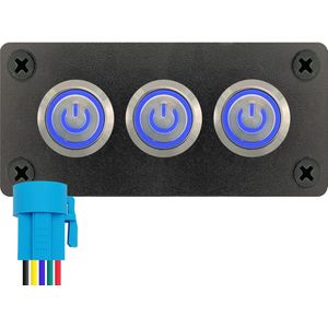 ProRide Metalen Drukschakelaars ON-OFF 12-24V - 16mm - Drievoudig inbouwpaneel - IP67 - LED indicatie Blauw