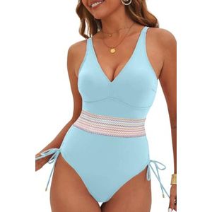 Dames Eendelig Badpak met V-hals en Buikcontrole - Monokini met Hoge Taille en Afslankende Effecten