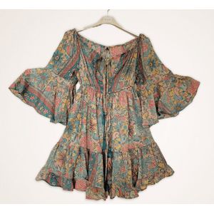 Boho zijde jurk in BLAUW met uitlopende mouwen en verstelbare decolleté maat S/M