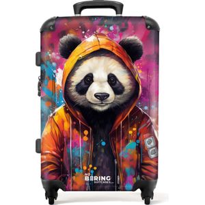 NoBoringSuitcases.com® - Koffer groot - Rolkoffer lichtgewicht - Panda met oranje jas en verfspetters - Reiskoffer met 4 wielen - Grote trolley XL - 20 kg bagage